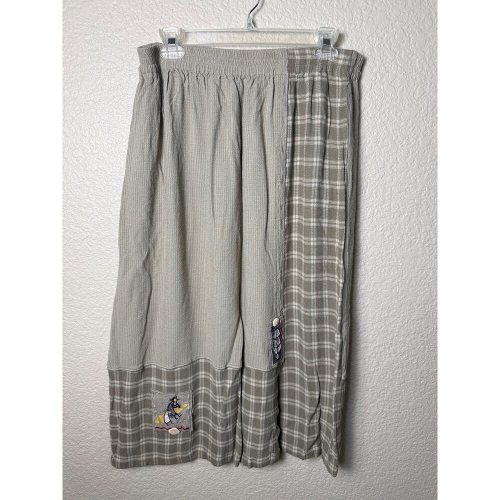 Vtg 90's Kokopelli Skirt Boho Plaid Patchwork Appliqué Size 1X Rayon Sage Green